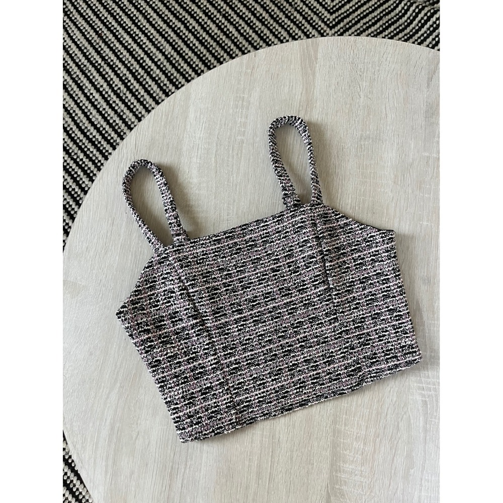 Live To Be Spoiled Tweed Crop Top Pink Black White Plaid Cami Smocked Back M